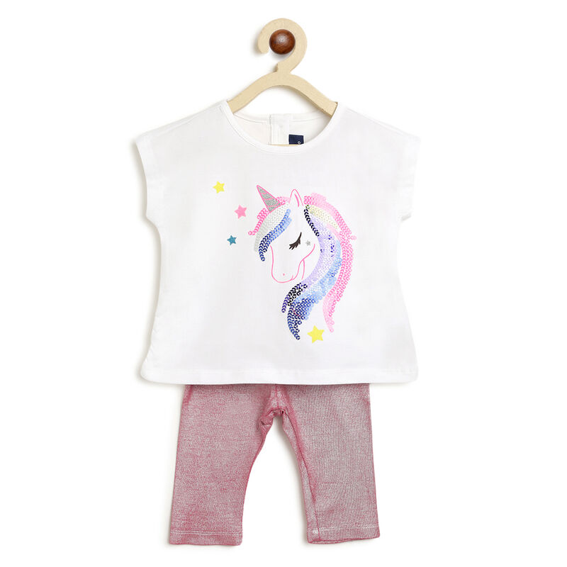 Girls Dark Pink 2 Pc Set T-shirt with Pedal Pusher image number 0